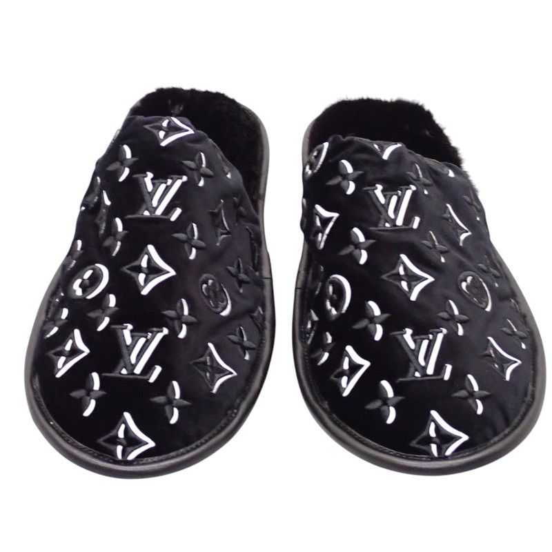 Louis Vuitton LV Suit Line Mules Slippers Room Shoes 42 Velvet Mink Black — view 2