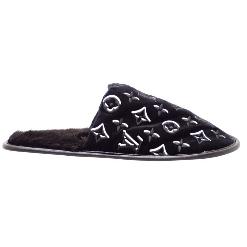 Louis Vuitton LV Suit Line Mules Slippers Room Shoes 42 Velvet Mink Black — view 4