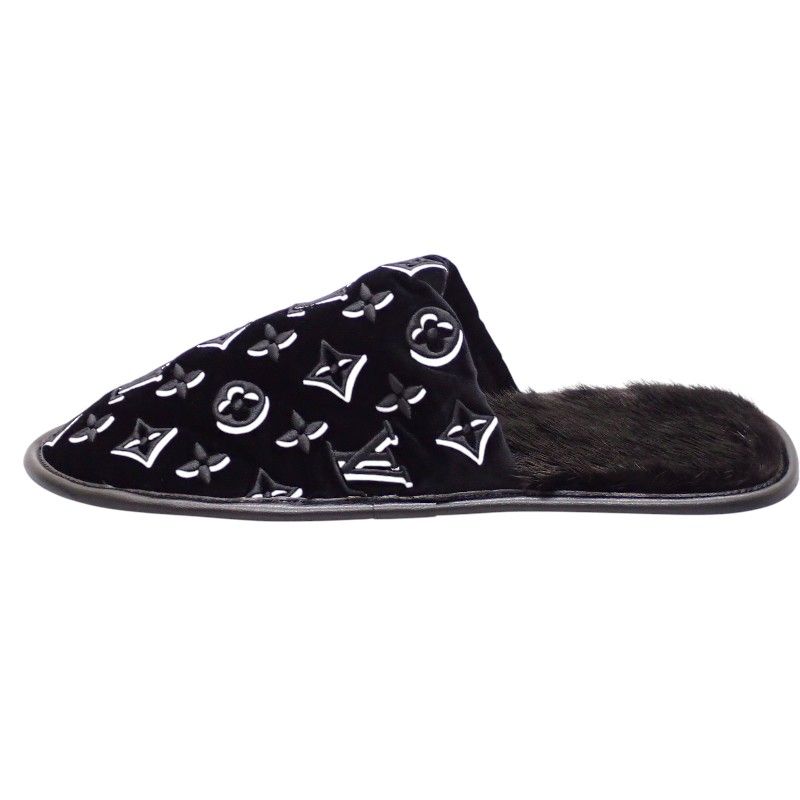 Louis Vuitton LV Suit Line Mules Slippers Room Shoes 42 Velvet Mink Black — view 5