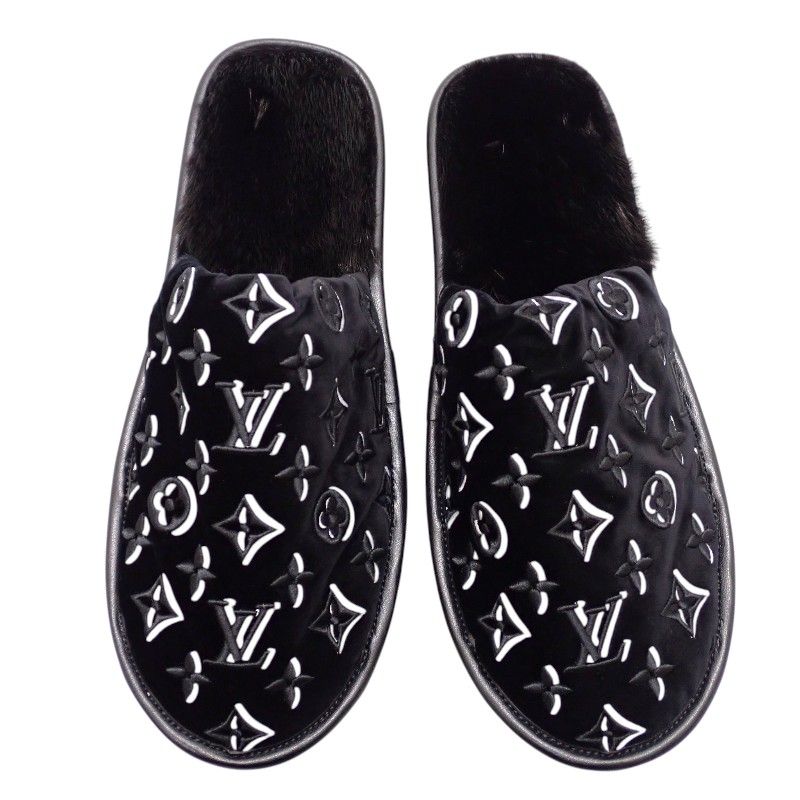 Louis Vuitton LV Suit Line Mules Slippers Room Shoes 42 Velvet Mink Black — view 3