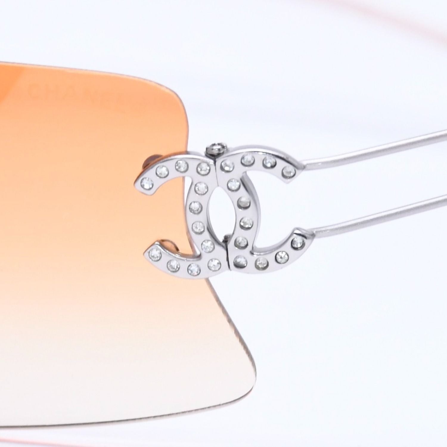 Chanel Rimless Sunglasses Orange Gradient Lens Rhinestone CC Logo Silver Eyewear — view 7