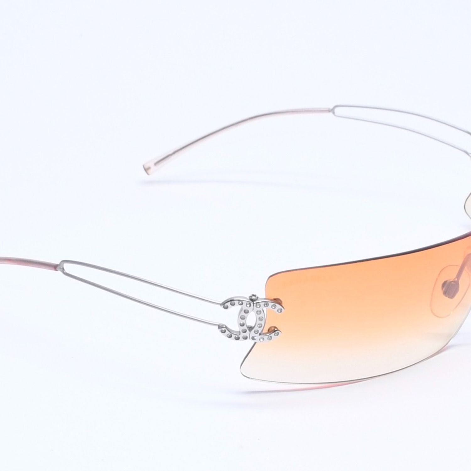 Chanel Rimless Sunglasses Orange Gradient Lens Rhinestone CC Logo Silver Eyewear — view 4
