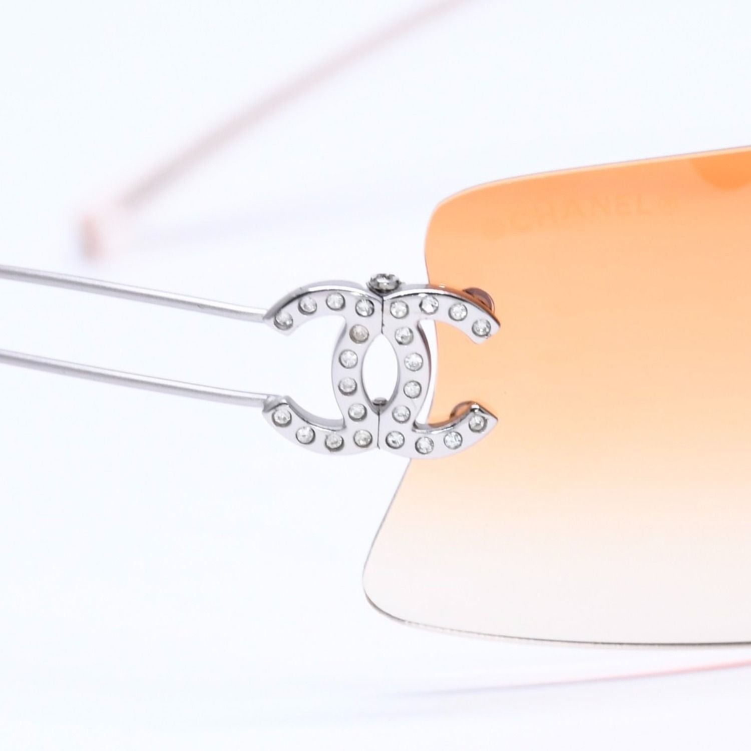 Chanel Rimless Sunglasses Orange Gradient Lens Rhinestone CC Logo Silver Eyewear — view 8
