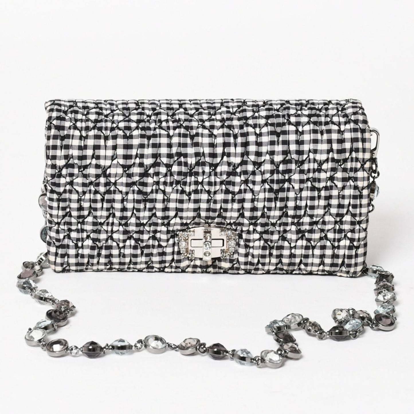 Miu Miu Matelasse Bijou Chain Shoulder Bag Gingham Check Rhinestone