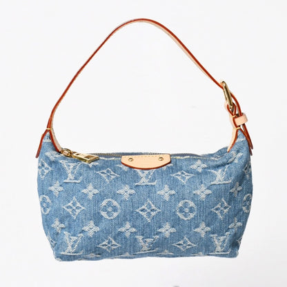 Louis Vuitton Pochette Hills Handbag Monogram Denim Indigo Blue Gold