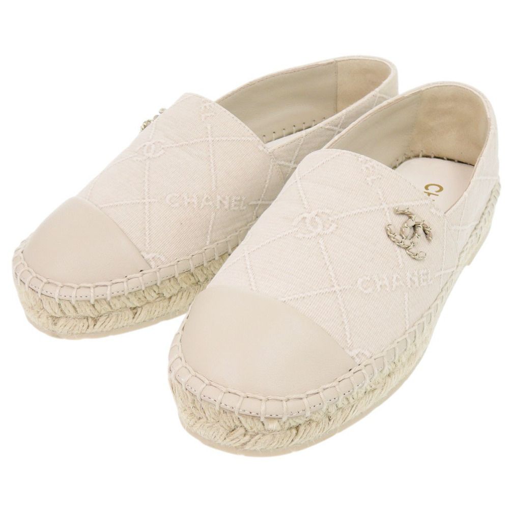 Chanel Espadrilles CC Logo Cotton Lambskin Hemp Beige Flat Shoes 36