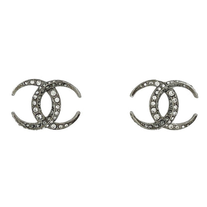 Chanel Earrings CC Logo Silver Plated Rhinestone
