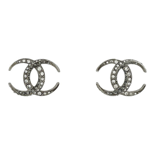Chanel Earrings CC Logo Silver Plated Rhinestone