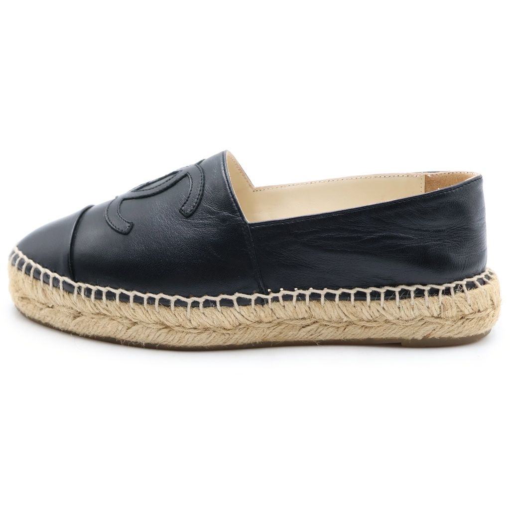 Chanel CC Logo Espadrilles Flat Shoes Slip on Lambskin Leather Black — view 2
