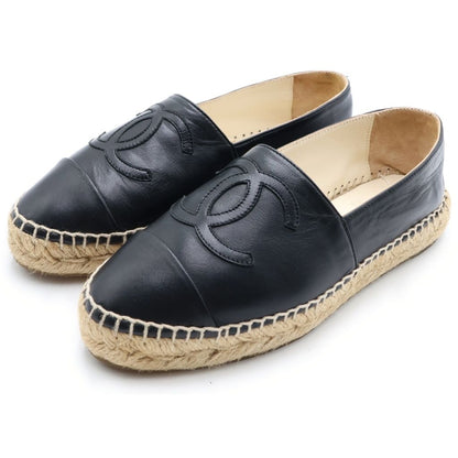 Chanel CC Logo Espadrilles Flat Shoes Slip on Lambskin Leather Black
