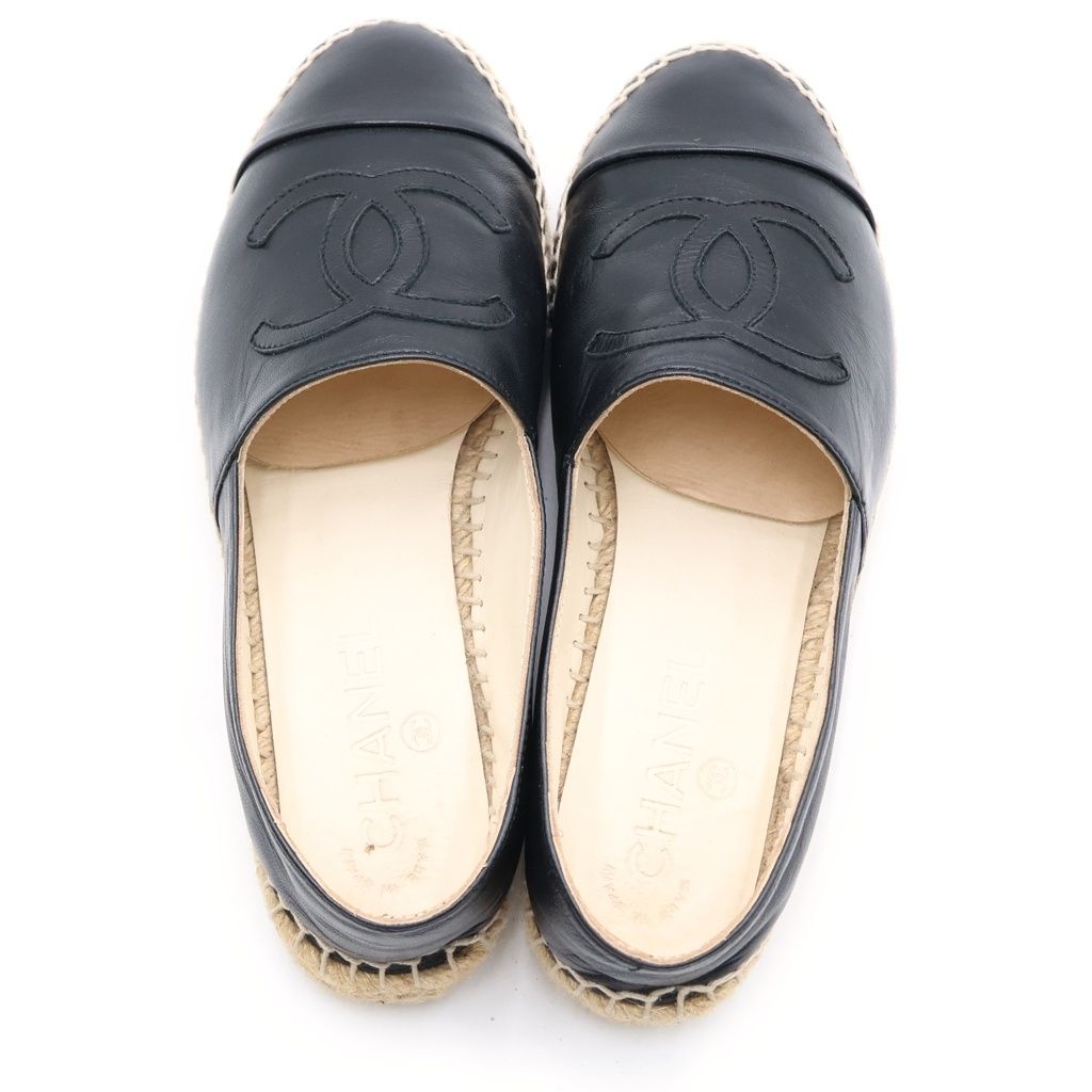 Chanel CC Logo Espadrilles Flat Shoes Slip on Lambskin Leather Black — view 4