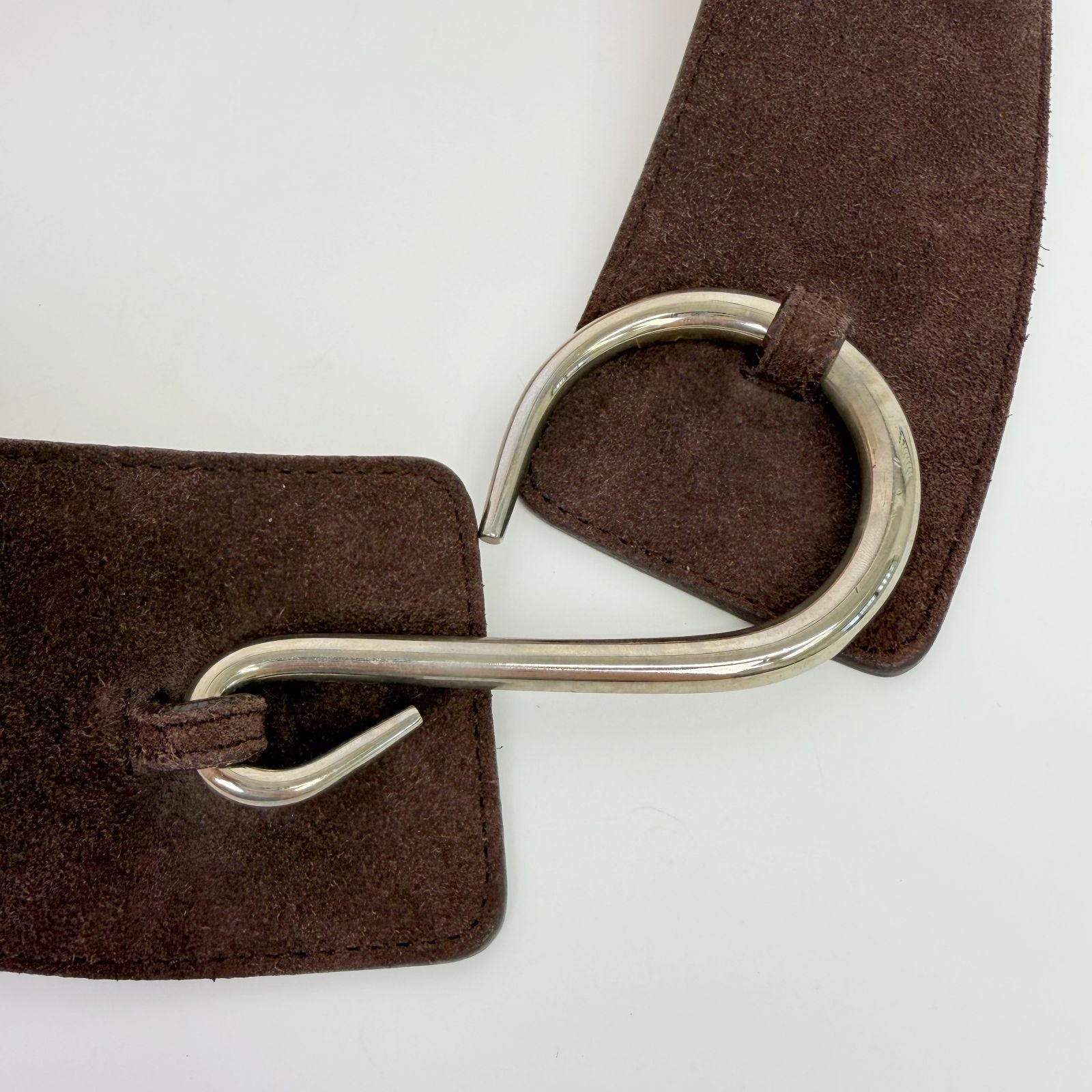 Loewe Suede Wide Hook Buckle Belt Brown Silver Vintage — view 2