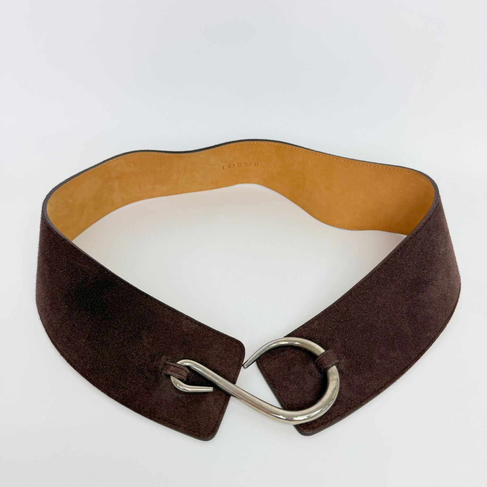 Loewe Suede Wide Hook Buckle Belt Brown Silver Vintage