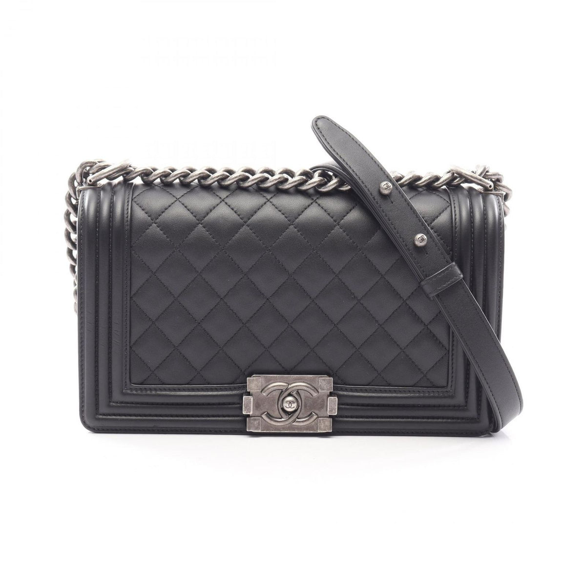 Chanel Shoulder Bag Boy Antique Silver Black Lambskin Boy Chain