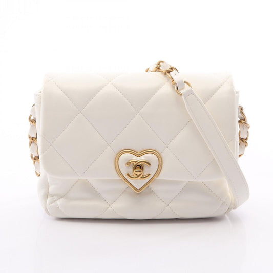 Chanel Shoulder Bag Quilted Heart Lock White Lambskin Small Chain