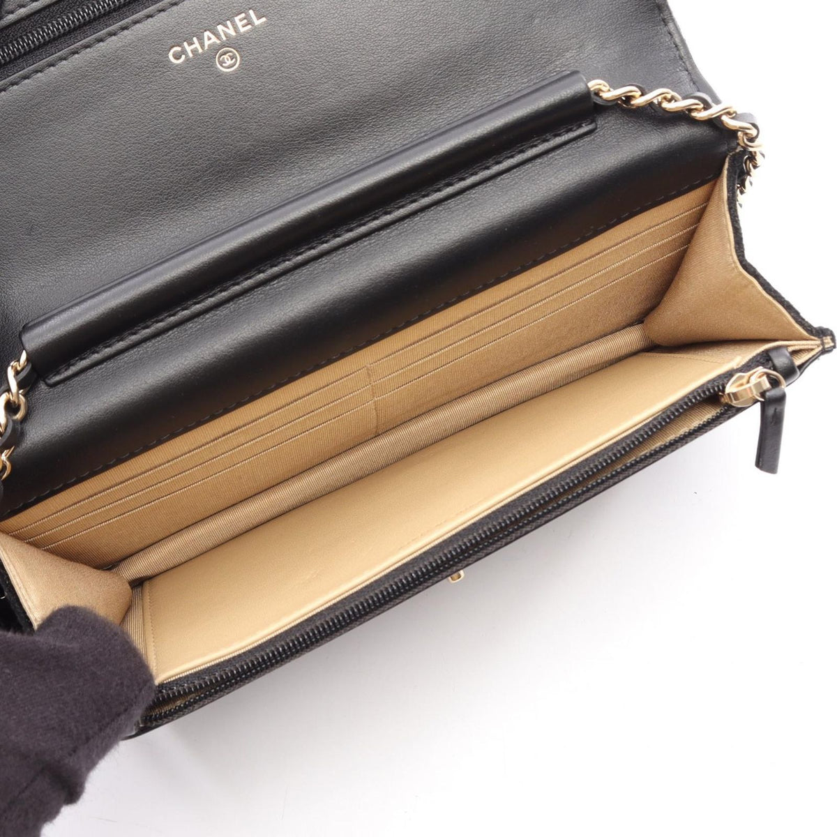 Chanel Shoulder Bag Quilted Rhinestone Black Fabric Chain Wallet — view 3