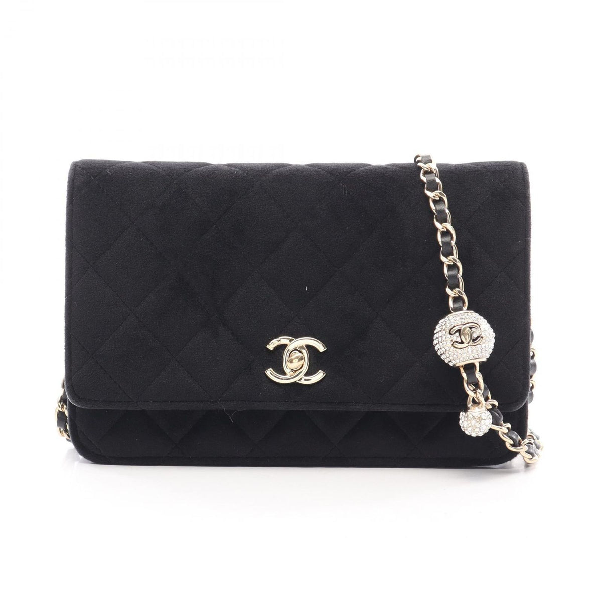Chanel Shoulder Bag Quilted Rhinestone Black Fabric Chain Wallet