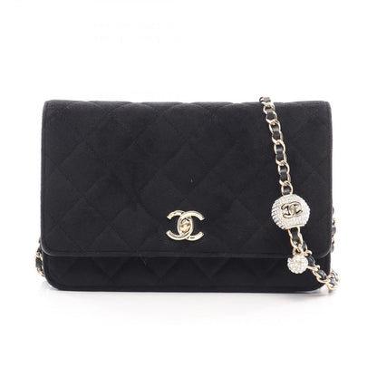 Chanel Shoulder Bag Quilted Rhinestone Black Fabric Chain Wallet