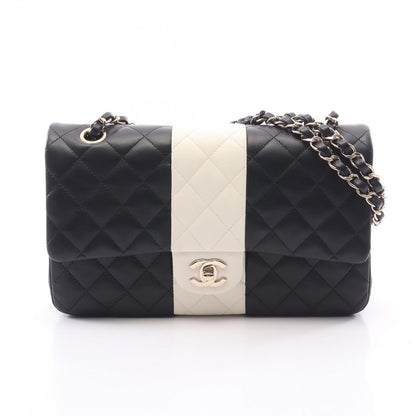 Chanel Shoulder Bag Quilted Double Flap Black White Lambskin Bicolor Chain