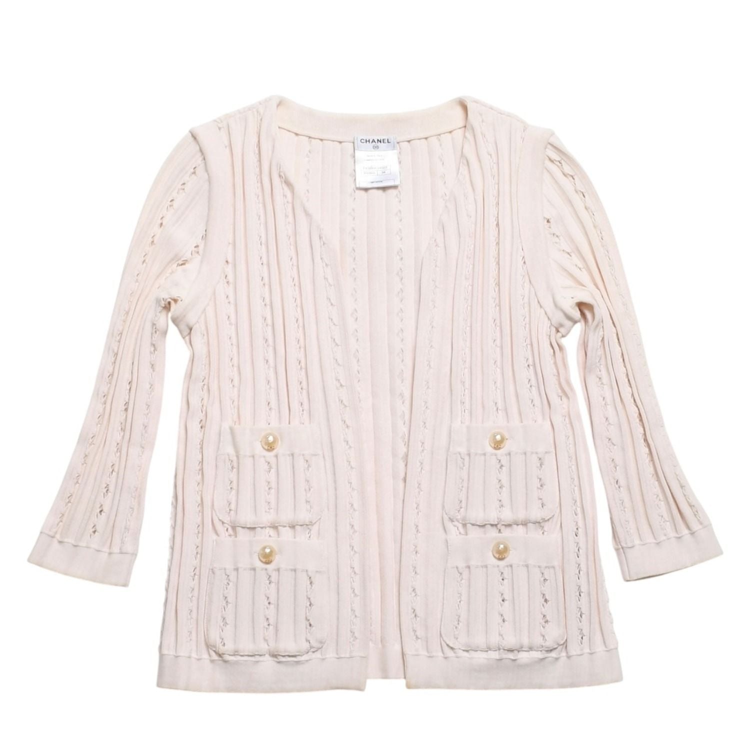 Chanel Cardigan Pearl Button CC Logo Cotton Rayon Polyester Pink
