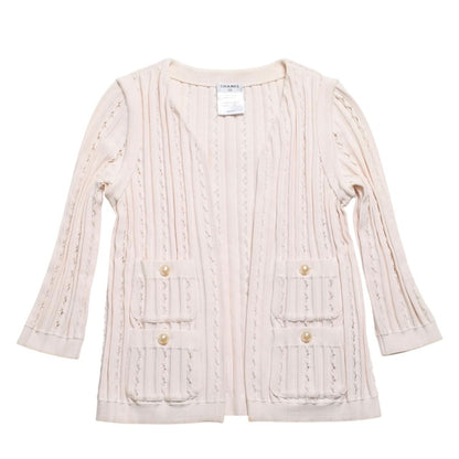 Chanel Cardigan Pearl Button CC Logo Cotton Rayon Polyester Pink