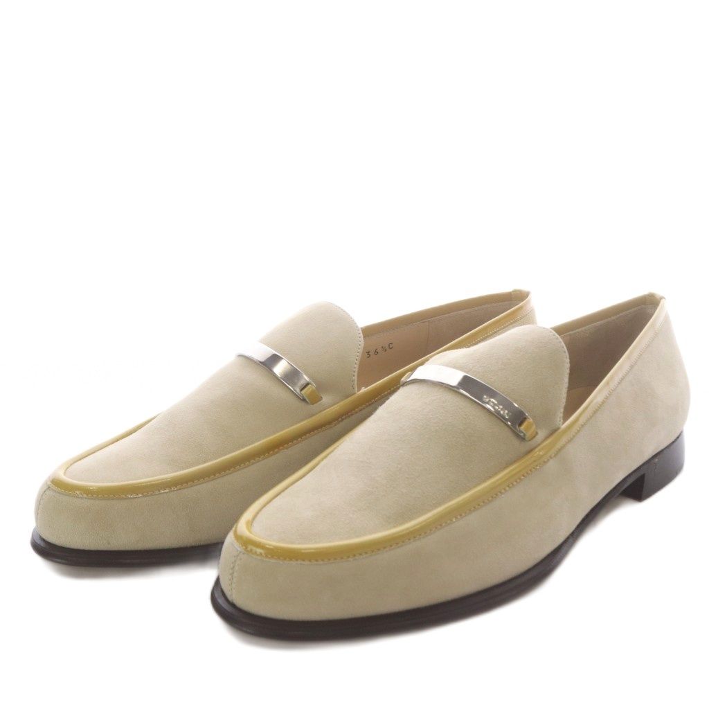 Gucci Loafers Slip on Logo Plate Suede Beige