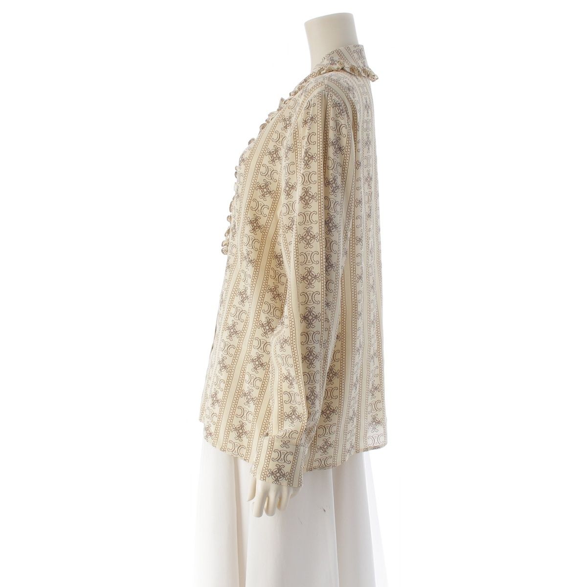 Celine Silk Triomphe Ruffle Long Sleeve Blouse Top Beige 40 — view 3
