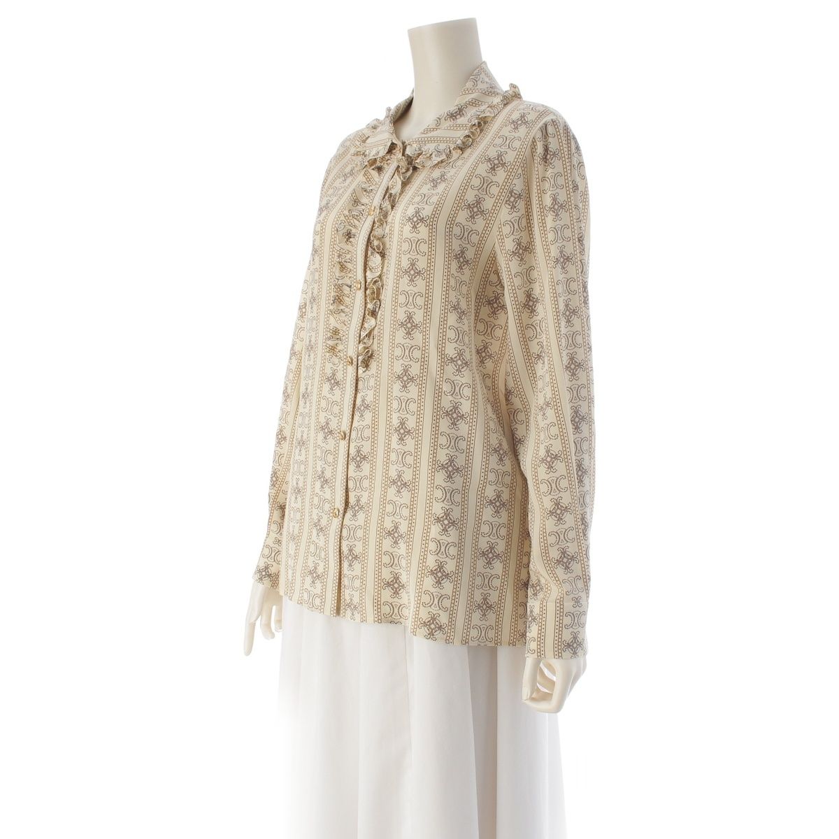 Celine Silk Triomphe Ruffle Long Sleeve Blouse Top Beige 40 — view 2