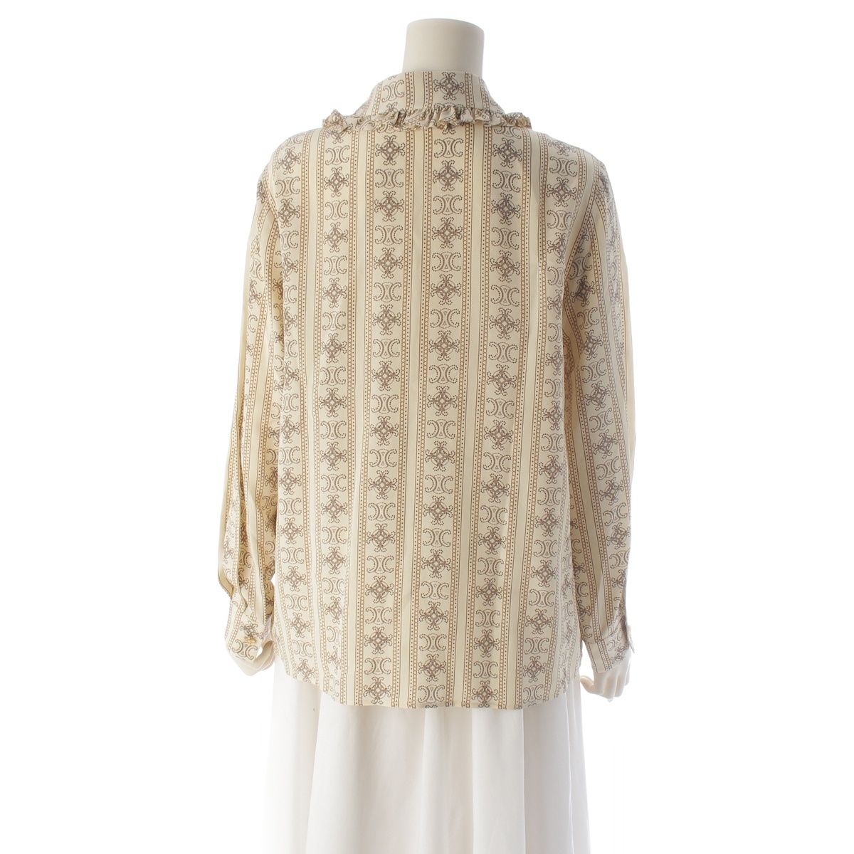 Celine Silk Triomphe Ruffle Long Sleeve Blouse Top Beige 40 — view 4