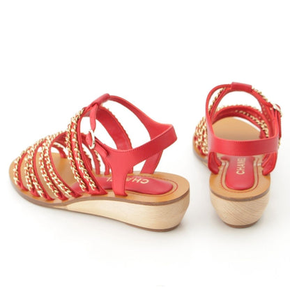 Chanel Leather Wood Chain Thick Sole Platform Sandals Red — view 4