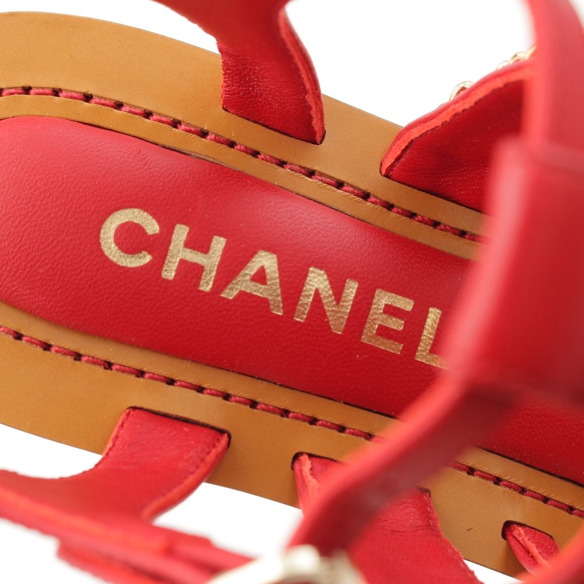 Chanel Leather Wood Chain Thick Sole Platform Sandals Red — view 7