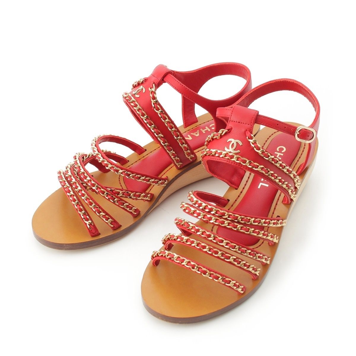 Chanel Leather Wood Chain Thick Sole Platform Sandals Red