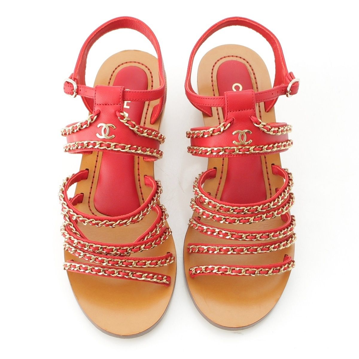 Chanel Leather Wood Chain Thick Sole Platform Sandals Red — view 2