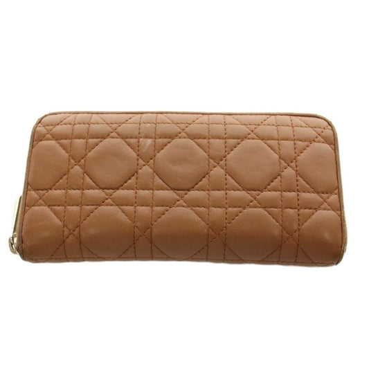 Dior Lady Dior Cannage Wallet Zip Around Coin Purse Leather Brown