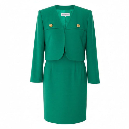 Saint Laurent Yvesaint Skirt Set Short Length Jacket Gold Button 34 Green Wool