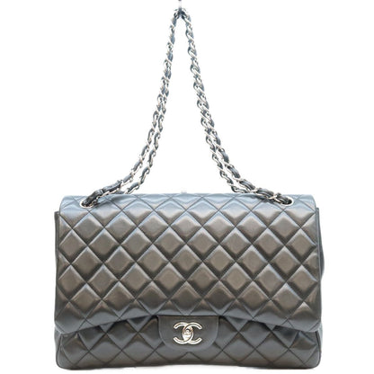 Chanel Black Lambskin Silver Single Flap Bag Maxi Quilted 34