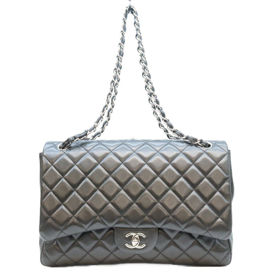 Chanel Black Lambskin Silver Single Flap Bag Maxi Quilted 34