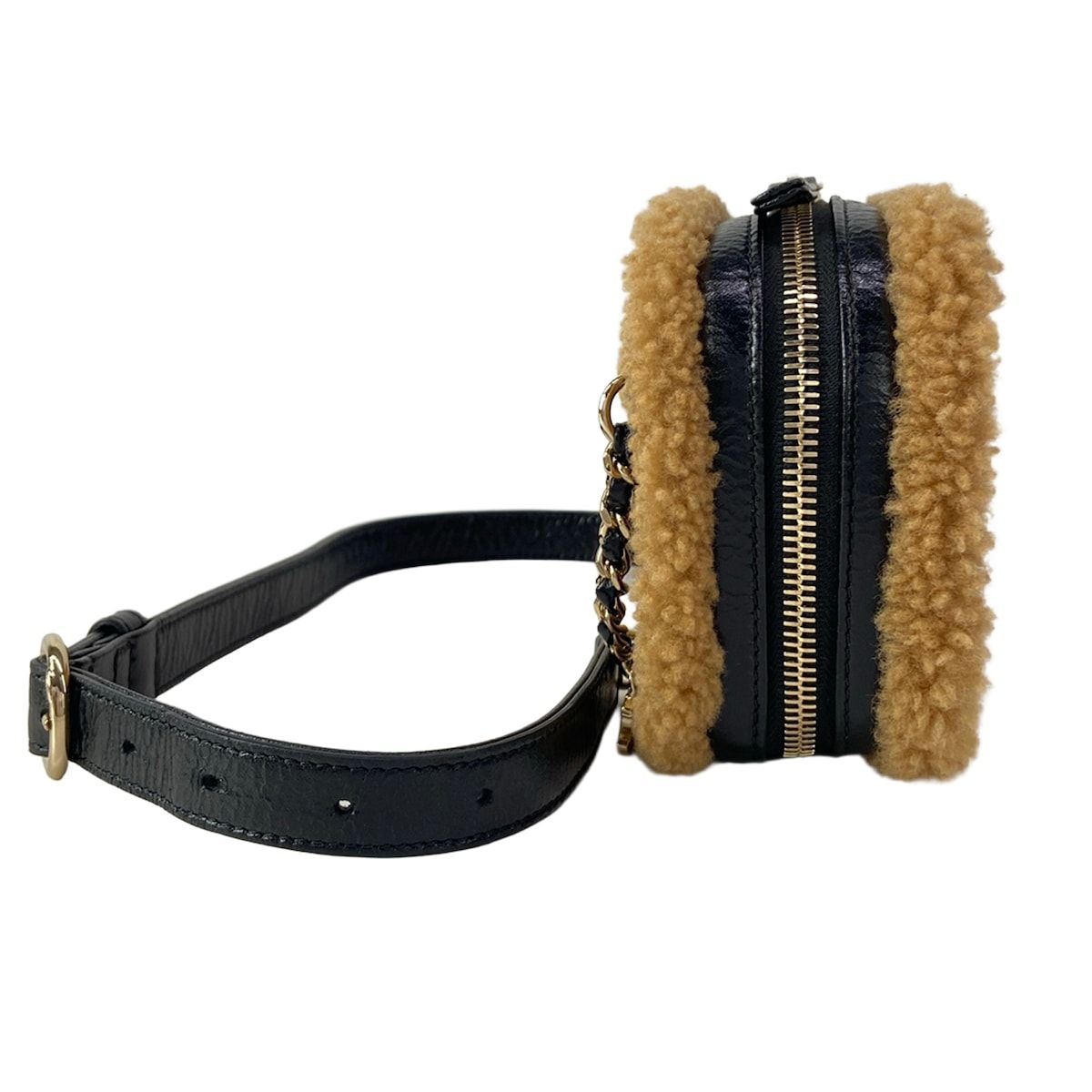 Chanel Waist Pouch CC Mania Black Light Brown Gold CC Logo Shearling — view 2