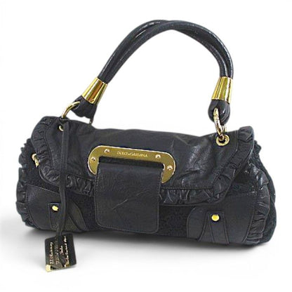 Dolce & Gabbana Shoulder Bag Lace Frill Gold Black Leather