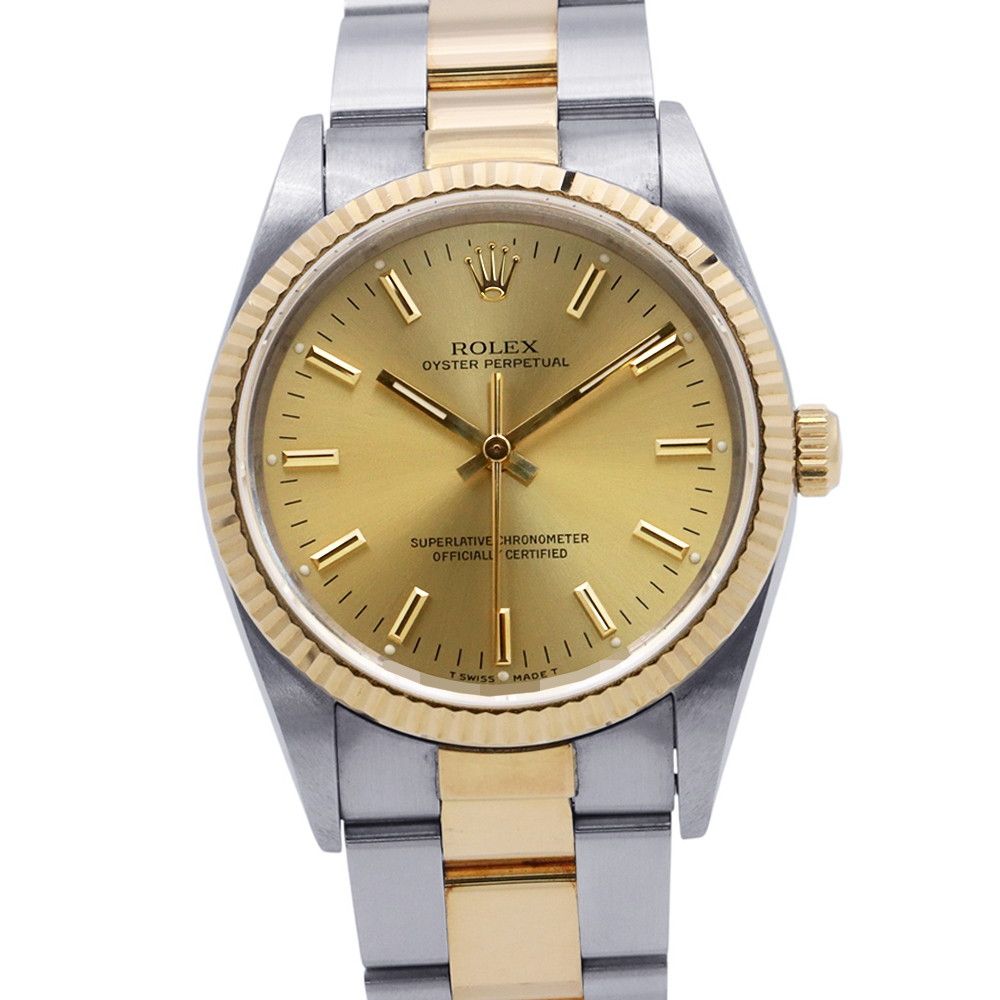 Rolex Oyster Perpetual SS 18K Yellow Gold Number Watch Champagne Dial