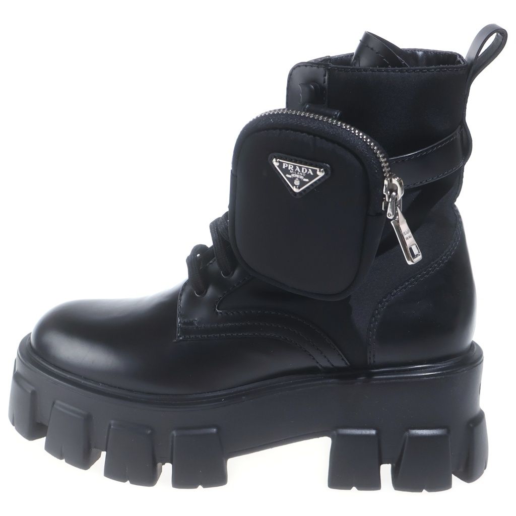 Prada Leather Short Boots with Monolith Pouch Shoes Re-Nylon Triangle Logo Black