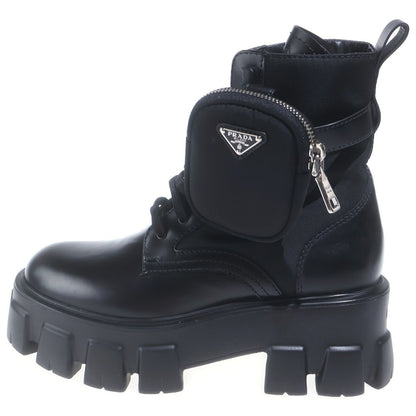 Prada Leather Short Boots with Monolith Pouch Shoes Re-Nylon Triangle Logo Black