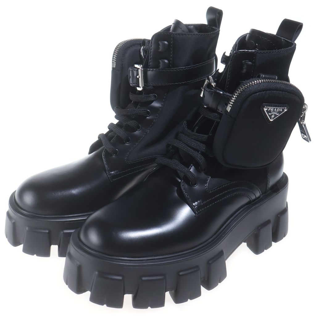 Prada Leather Short Boots with Monolith Pouch Shoes Re-Nylon Triangle Logo Black — view 2