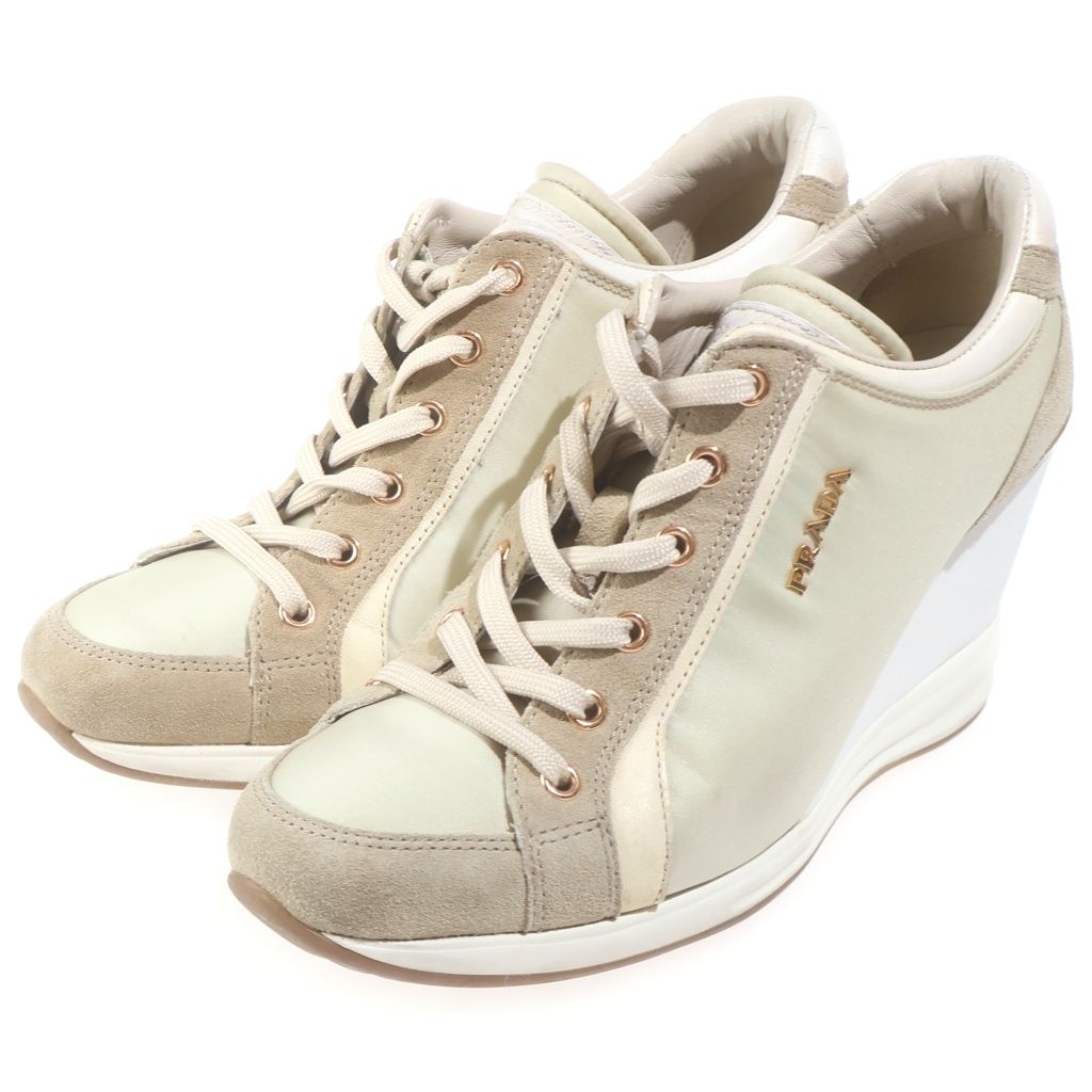 Prada Calzature Donna Wedge Sole Nylon Sneakers Suede Logo White Light — view 2