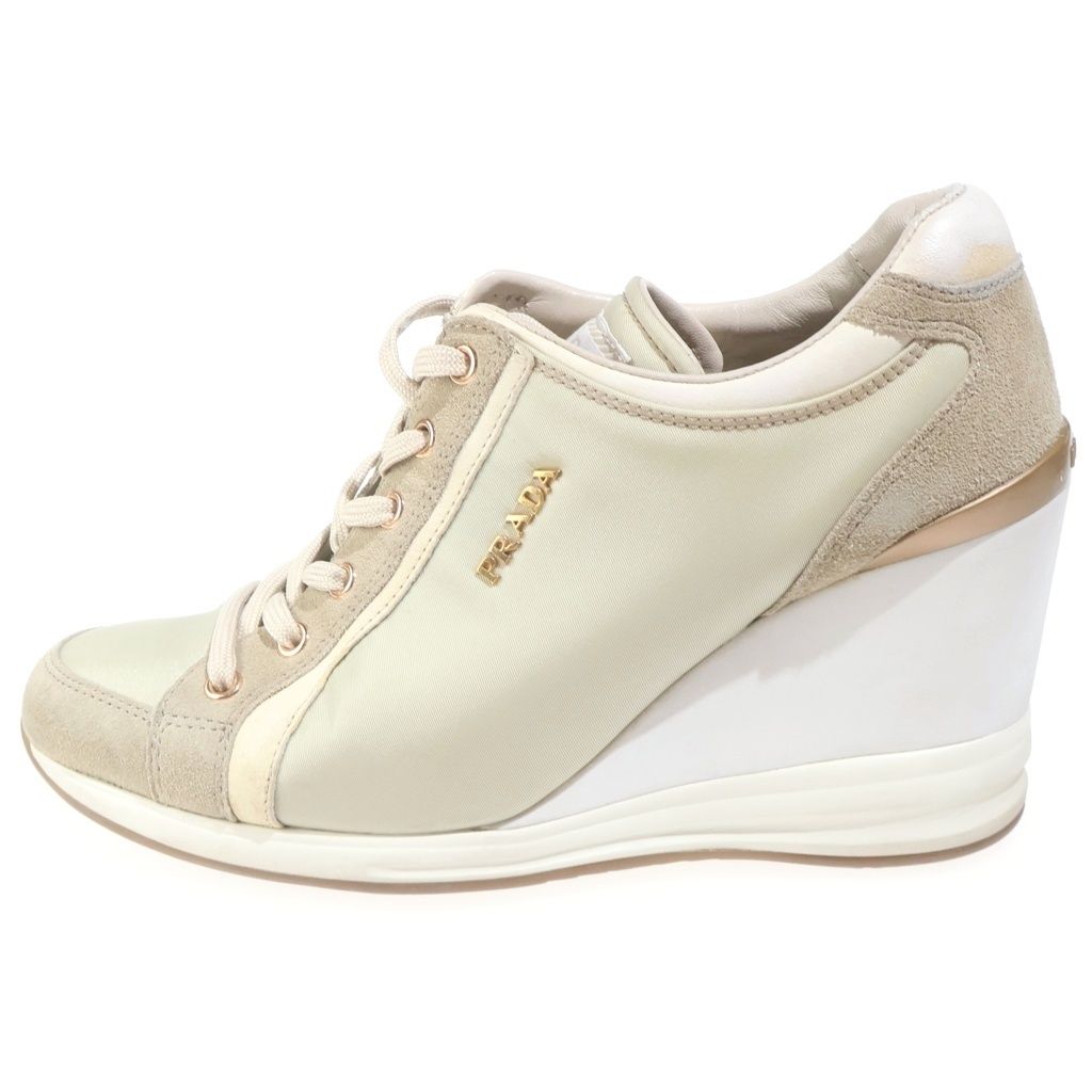 Prada Calzature Donna Wedge Sole Nylon Sneakers Suede Logo White Light