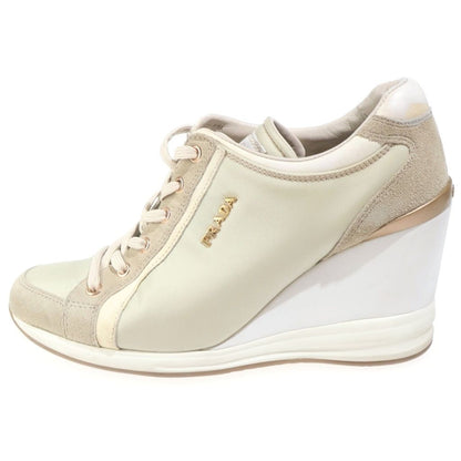 Prada Calzature Donna Wedge Sole Nylon Sneakers Suede Logo White Light
