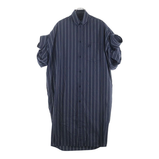 Balenciaga BB Embroidery Logo Striped Pattern Long Sleeve Long Shirt Dress Navy
