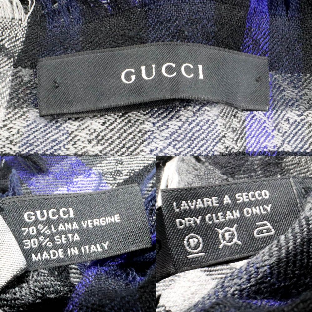 Gucci Shawl Check Pattern Gray Blue 70% Wool Silk Scarf — view 6