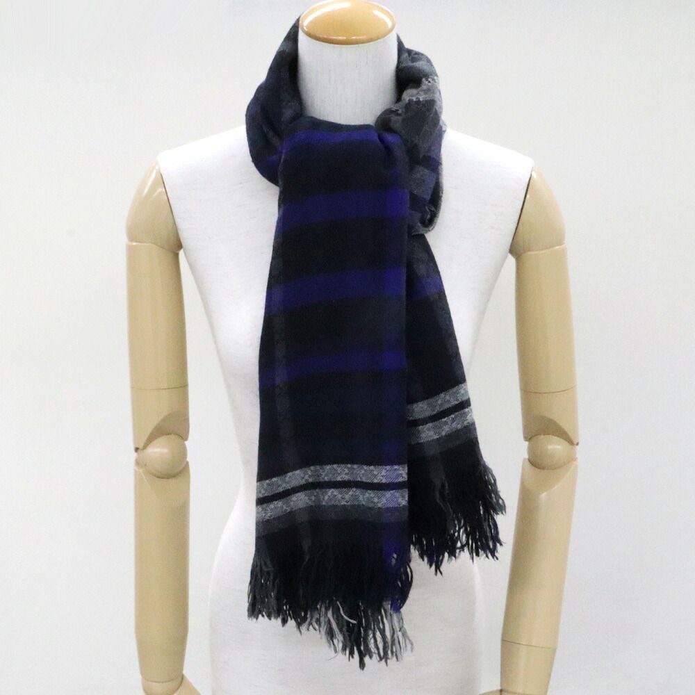 Gucci Shawl Check Pattern Gray Blue 70% Wool Silk Scarf — view 5