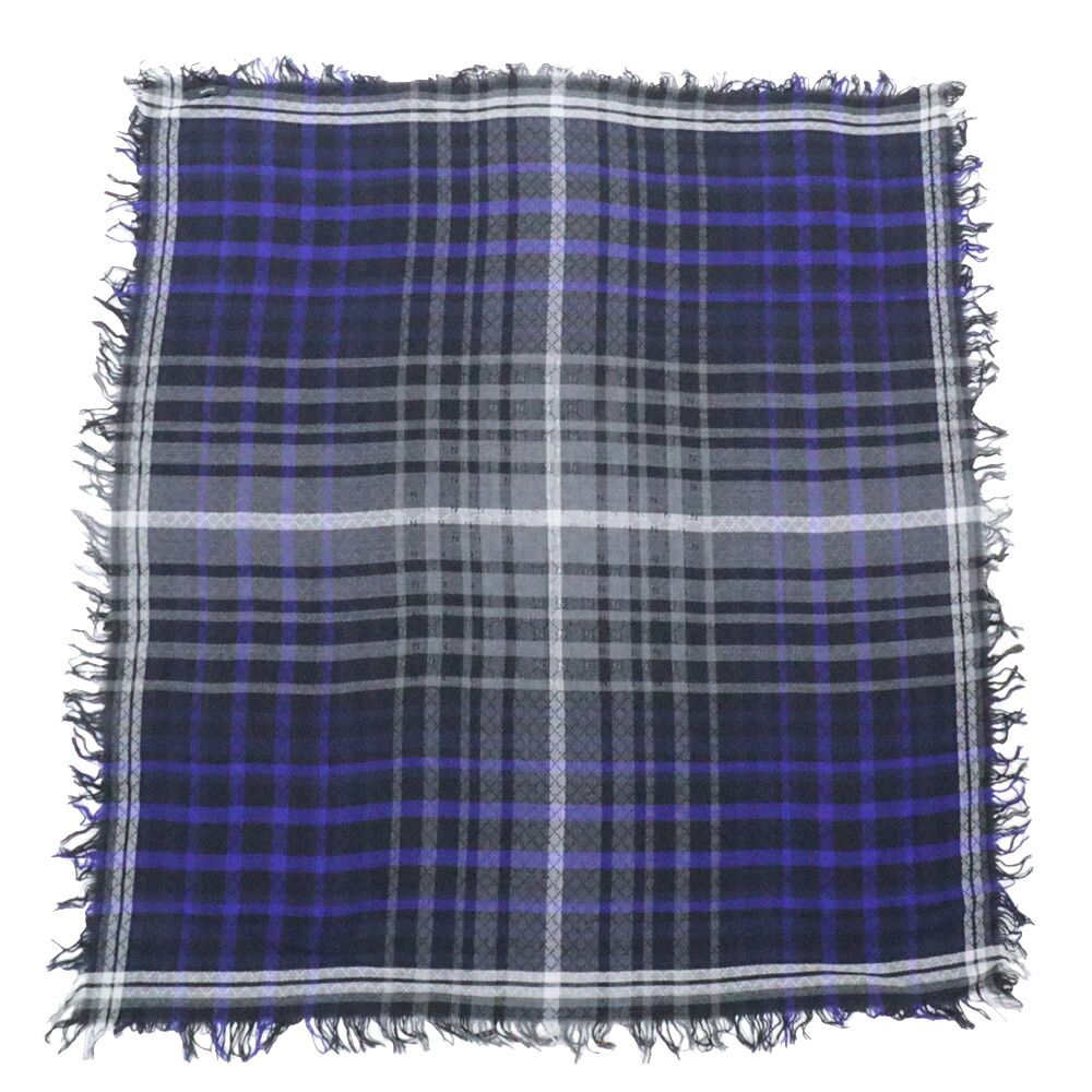 Gucci Shawl Check Pattern Gray Blue 70% Wool Silk Scarf